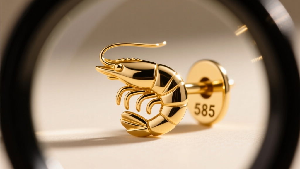Macro shot of a 14k gold shrimp earring post showing the tiny 585 hallmark stamp, viewed through a jeweler's loupe on dark velvet.