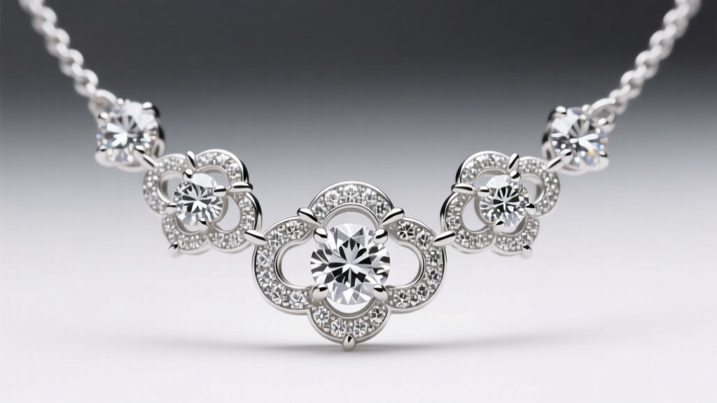 Close-up of a platinum cloud cluster necklace with micro-pavé diamonds, showing bright-cut prong work under studio lighting.