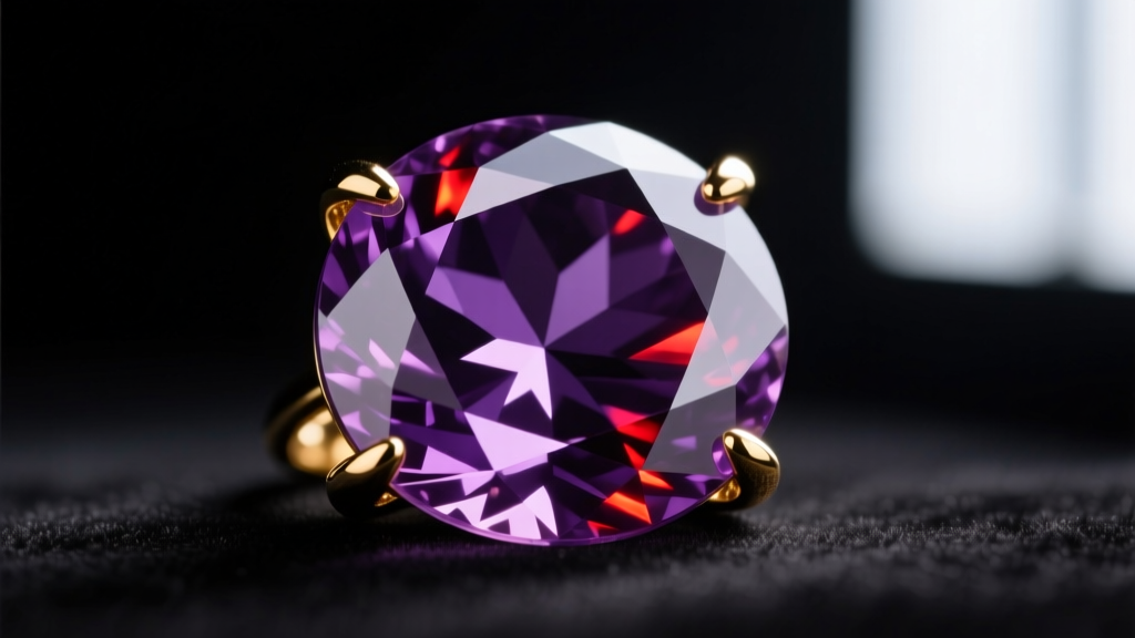 Macro shot of faceted oval amethyst gemstone showing deep violet hues with red flashes, held in gold prongs against dark velvet.