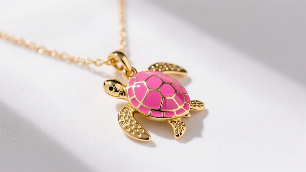 Gold-tone Lilly Pulitzer charm necklace with bright pink enamel sea turtle pendant on white linen, top-down flat lay view