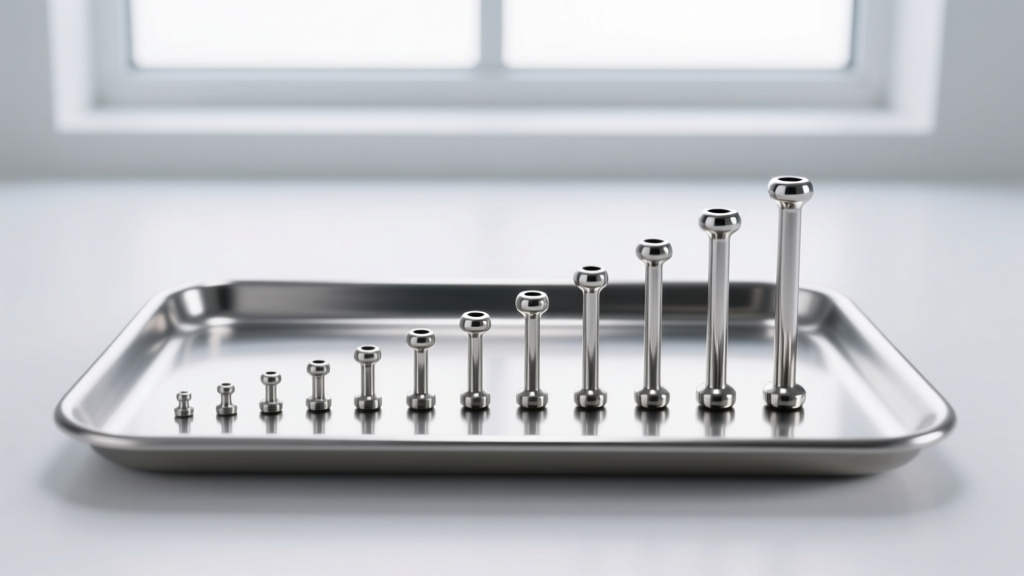Sterile tray displaying assorted gauge sizes of implant-grade titanium and 316L steel barbells for fresh cartilage piercings.