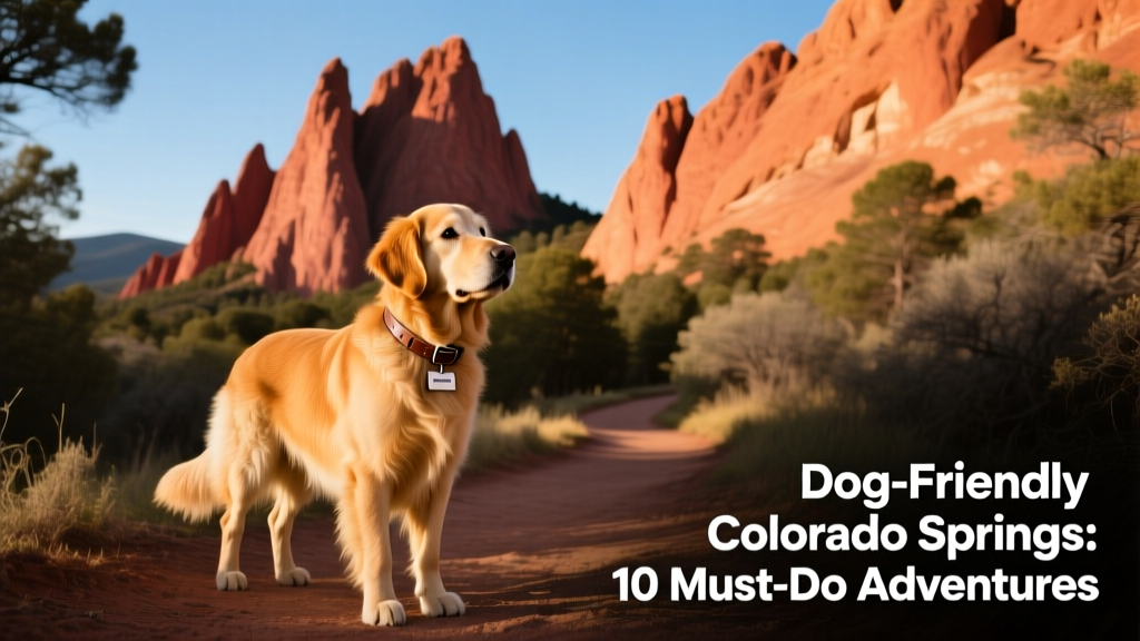 A golden retriever standing on a trail overlooking Garden of the Gods’ iconic red rock spires