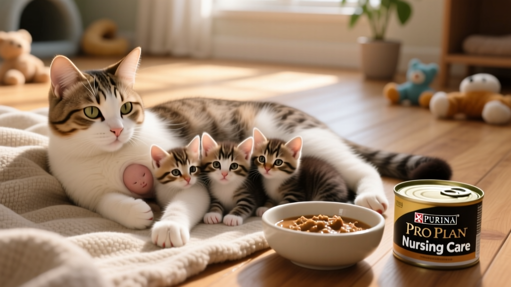 A nursing mother cat resting beside her kittens, with a clean bowl of fresh wet food nearby