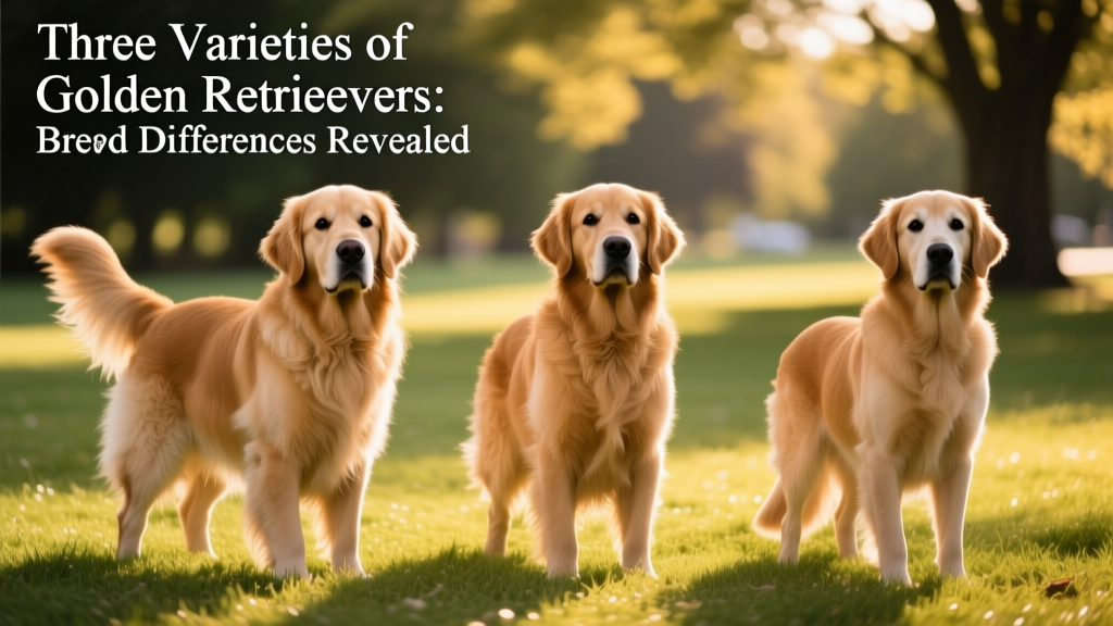 Side-by-side comparison of American, British, and Canadian Golden Retrievers standing on grass