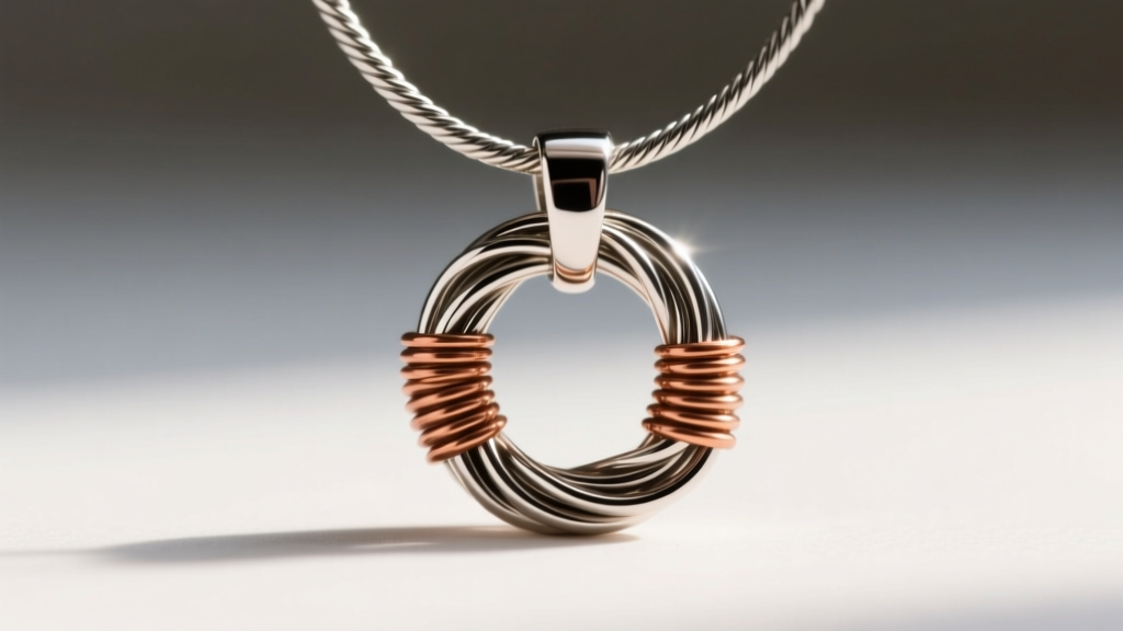 Macro photography of a nickel-plated steel guitar string coiled into a pendant, highlighting the bronze winding and steel core
