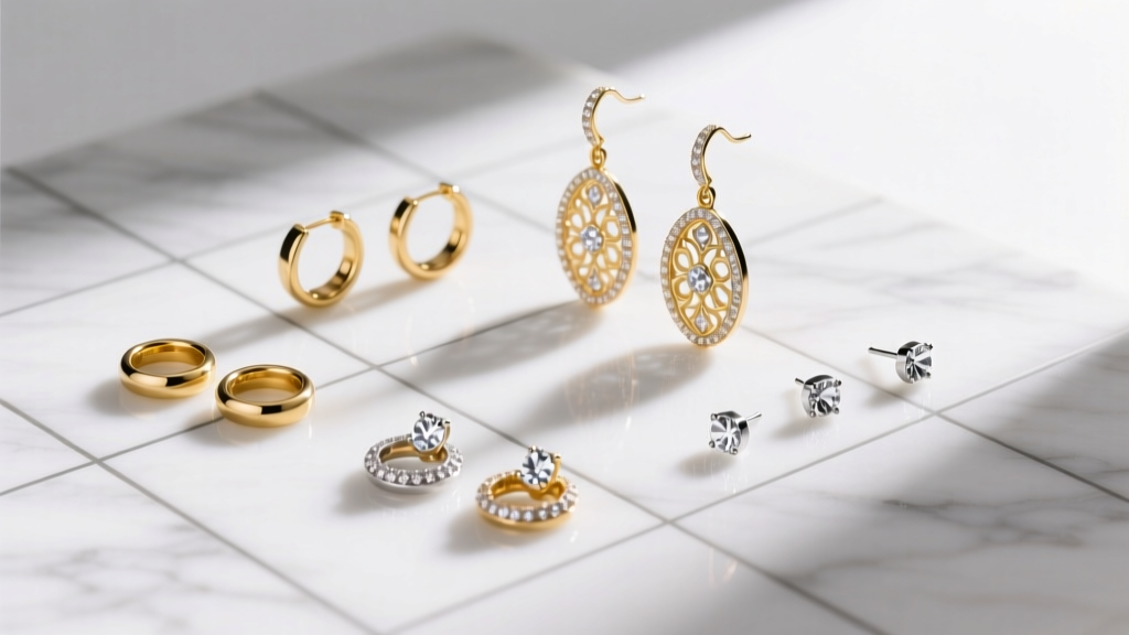 Flat lay of earring sizes including 10mm hoops, 2-inch dangles, and 4mm studs arranged on a minimalist white marble grid