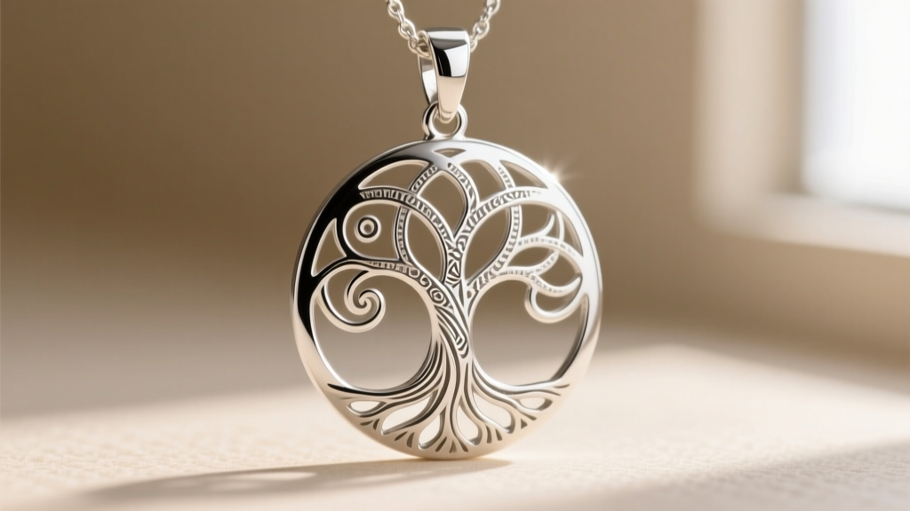 Macro view of an Argentium silver tree of life pendant with laser-cut root details and high polish on a soft neutral backdrop.