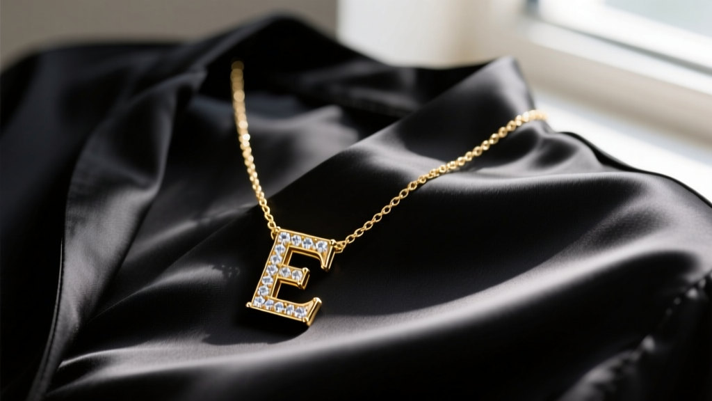 Close-up of a 14k gold-plated initial necklace with pavé cubic zirconia resting on a black silk blouse in soft natural daylight