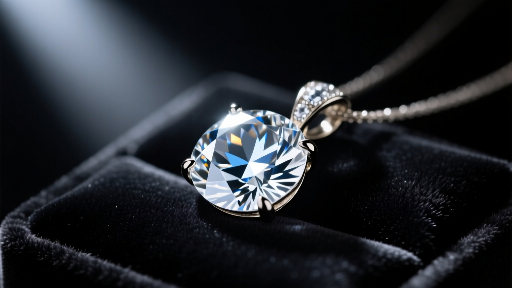 Close-up of a vintage diamond pendant on dark velvet, illuminated by a single spotlight to emphasize its brilliant icy facets