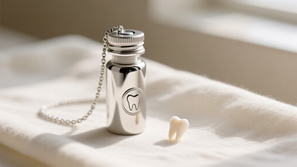 Sterling silver cylindrical tooth holder necklace vial with a screw-top cap resting on soft linen cloth beside a tiny baby tooth.