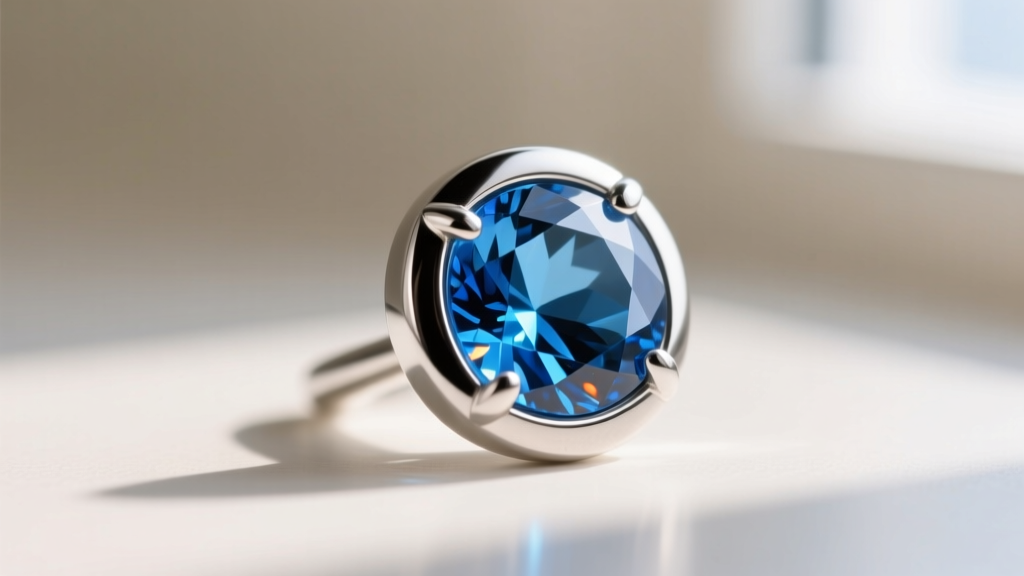 Macro shot of a bezel-set Swiss blue topaz stud in rhodium-plated sterling silver, highlighting the precise metal rim