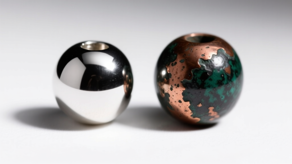 Macro shot comparing a bright rhodium-plated silver bead with an oxidized, darkened copper-alloy silver bead on a white surface.