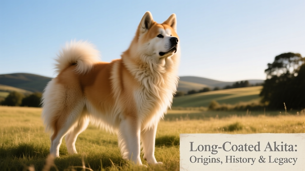 A long coat Akita standing confidently outdoors, showcasing its thick, flowing double coat and proud posture