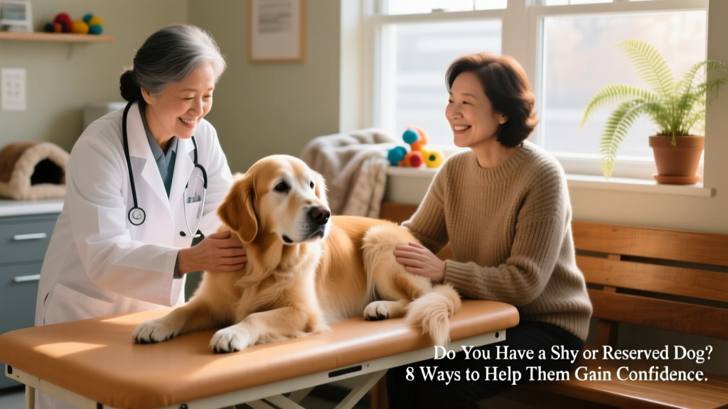 A veterinarian gently examining a calm senior dog while the owner sits nearby offering reassuring touch and soft praise
