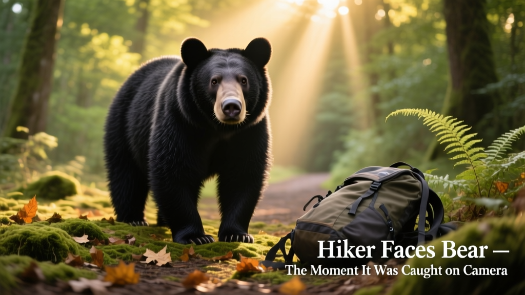 A large black bear standing alert in a sunlit forest clearing, facing the trail