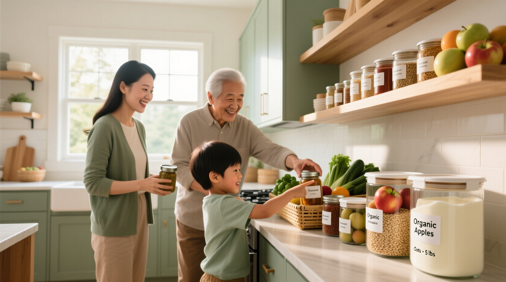 Family organizing groceries with reusable containers