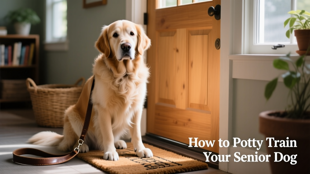 Senior golden retriever sitting calmly beside a door with a leash nearby, looking expectantly at their owner