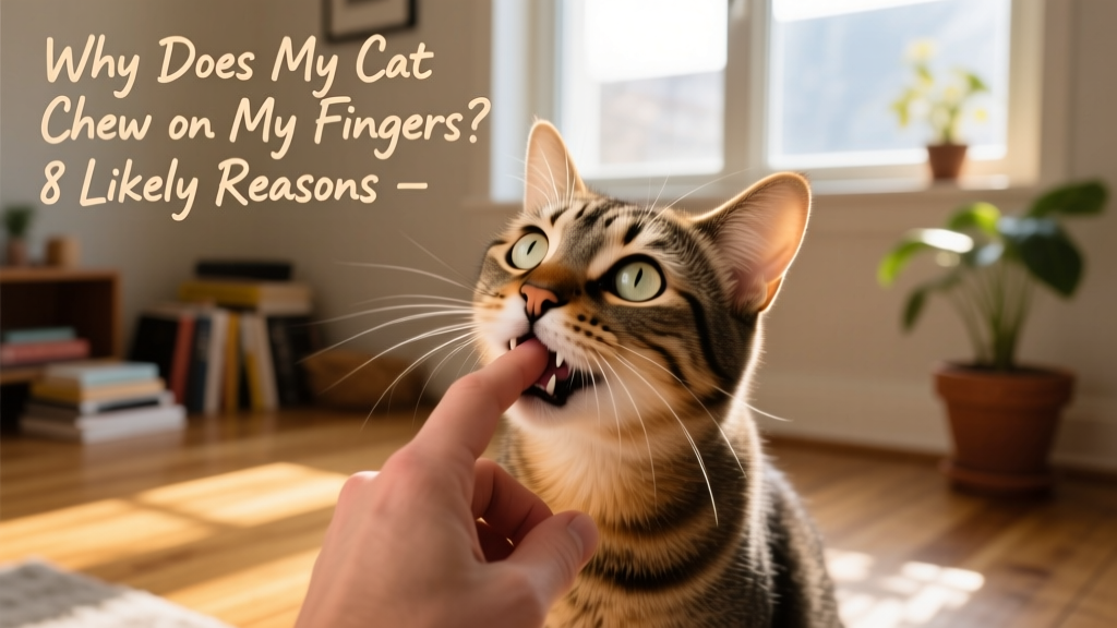 Cat looking up expectantly at owner after gently biting their hand