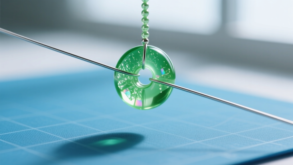 Macro shot of beading wire threading through the center hole of a translucent green hard candy bead on a blue craft mat.