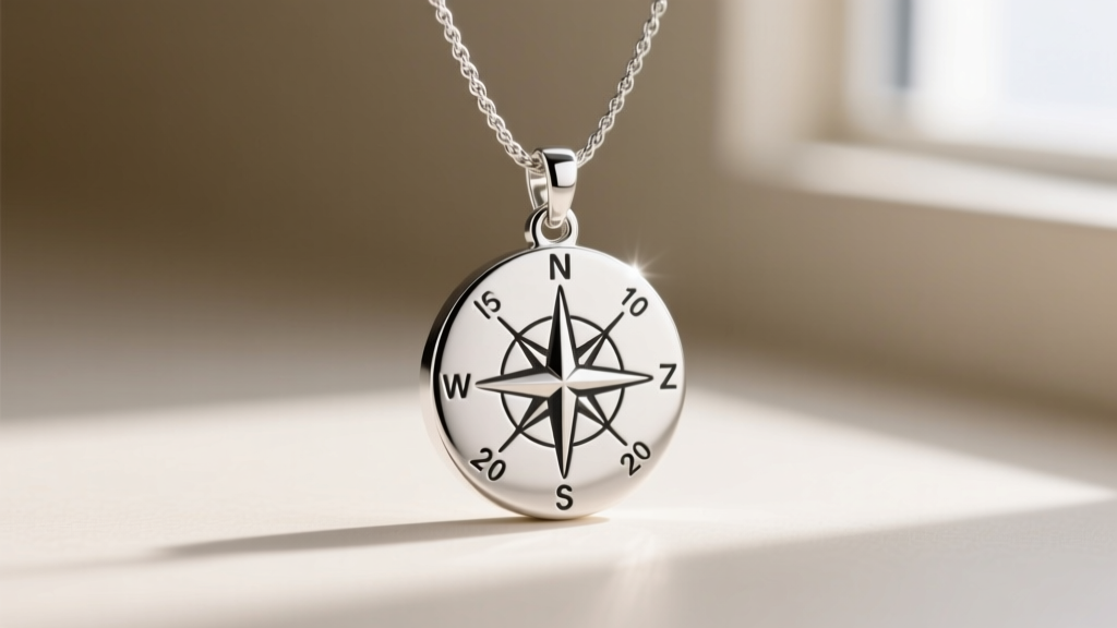 Macro shot of a sterling silver coordinate pendant necklace, highlighting precise laser engraving and a delicate 1.2mm cable chain