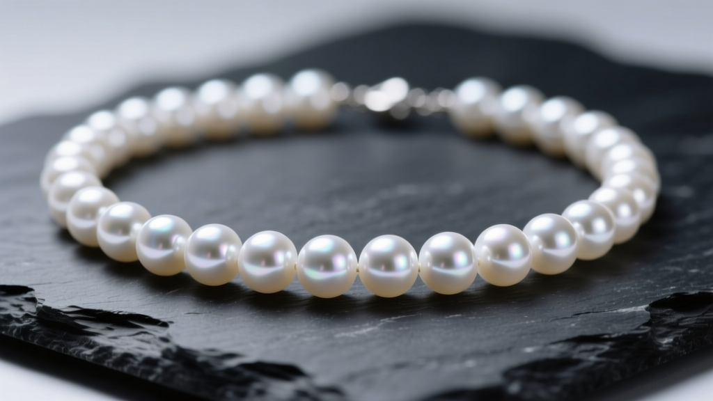 Close-up of a luminous white South Sea pearl necklace on dark slate, highlighting mirror-like luster under soft studio light
