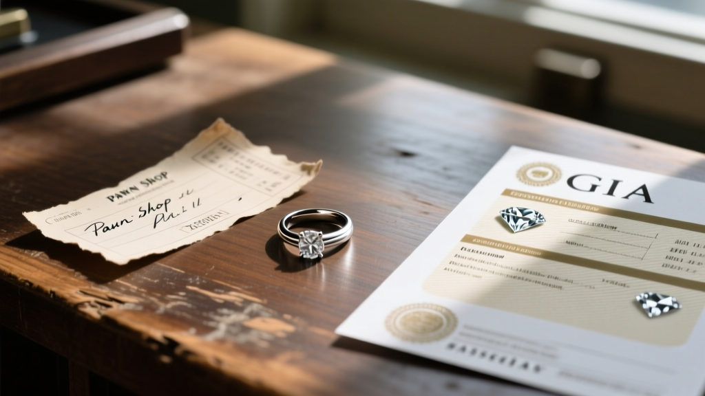 Handwritten pawn shop ticket and a GIA diamond grading report resting next to a vintage platinum engagement ring on a wooden desk
