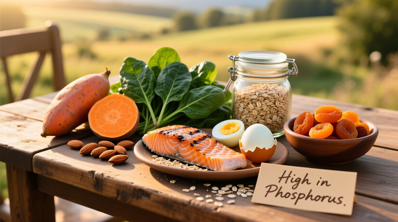 Colorful display of high phosphorus foods on wooden table