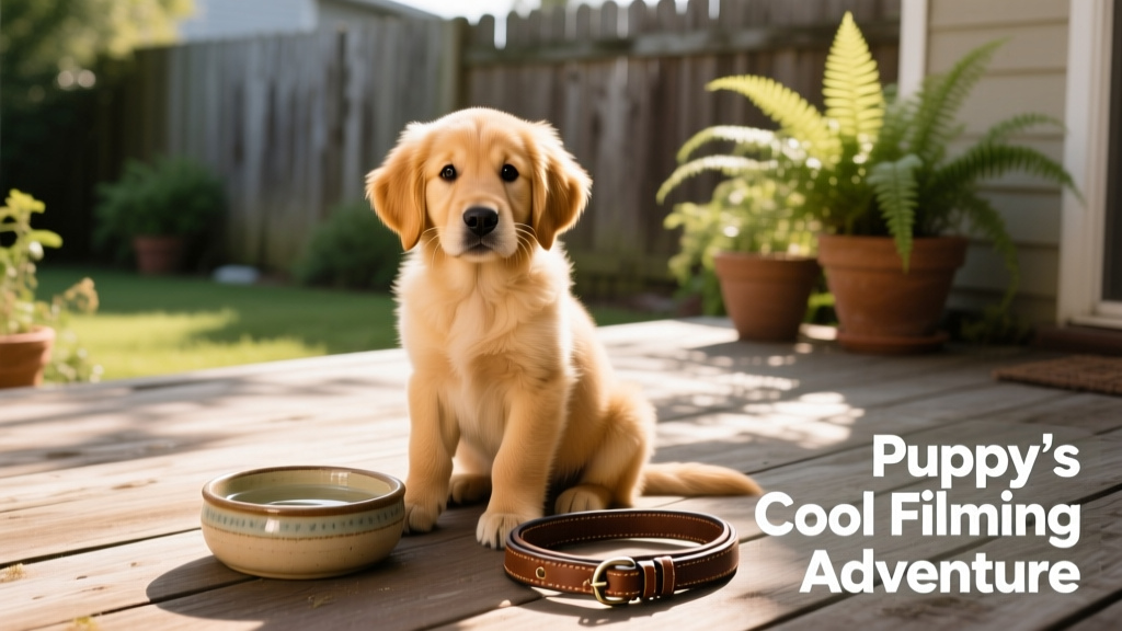 Golden Retriever puppy sitting calmly beside a water bowl and folded leash on a backyard patio