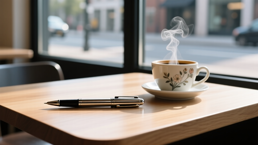A sleek metallic spy pen resting on a cafe table next to a coffee cup, capturing covert audio and video evidence without drawing attention.