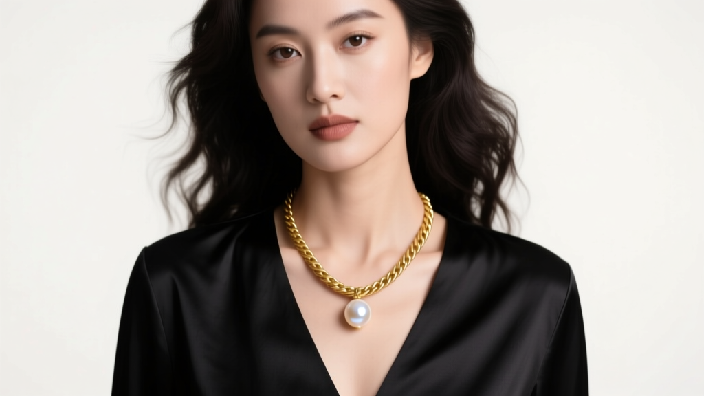 Woman wearing a 14k gold rope chain lariat necklace with a pearl drop over a black silk V-neck blouse in soft studio lighting