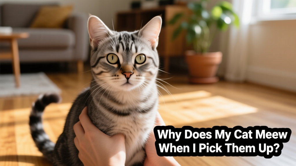 Close-up of a cat looking slightly tense while being gently held by a person's hands