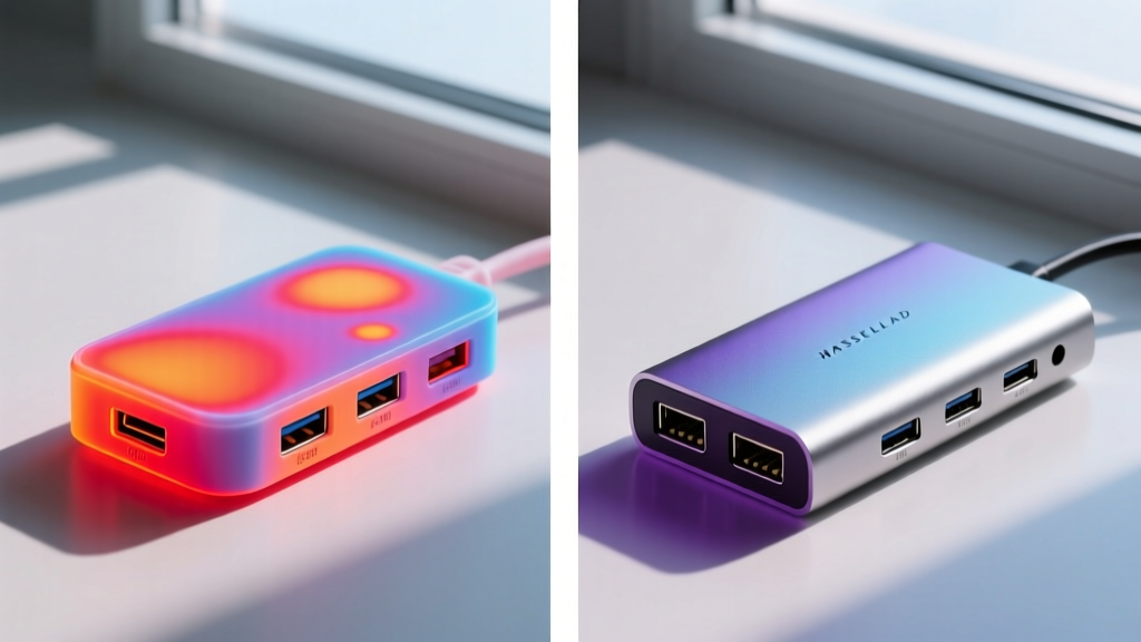 Side-by-side thermal camera view showing heat dissipation differences between a plastic USB-C hub and an aluminum alloy multi-port adapter.