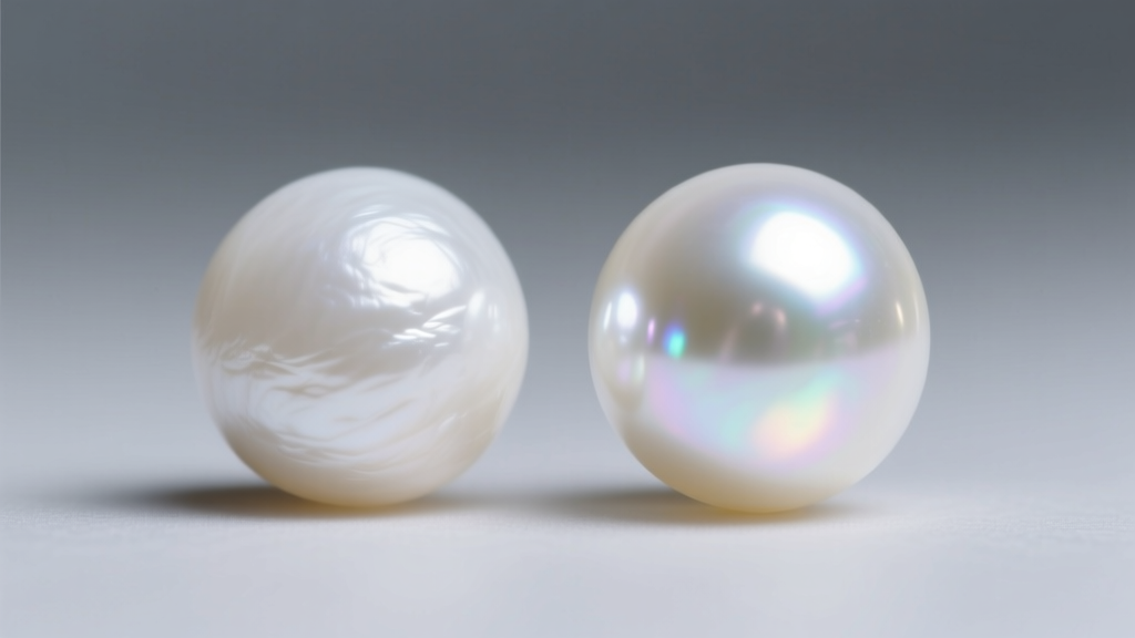 Macro shot of two white pearls, one with a chalky dull surface and one with bright crisp reflections on a neutral grey background.