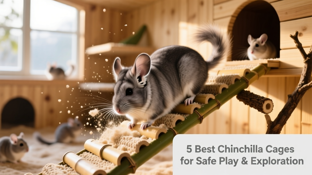 Close-up of a chinchilla using the dust bath station and climbing a textured ramp inside the FurPetVo NaturePlay Habitat