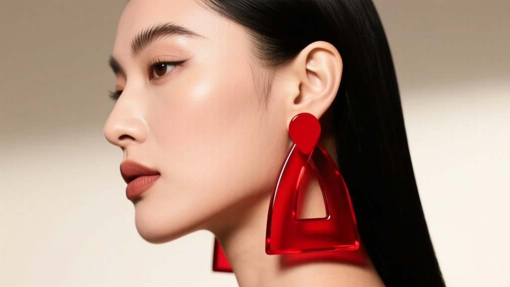Side profile of a model wearing oversized red acrylic logo drop earrings, vibrant studio lighting, high fashion editorial vibe
