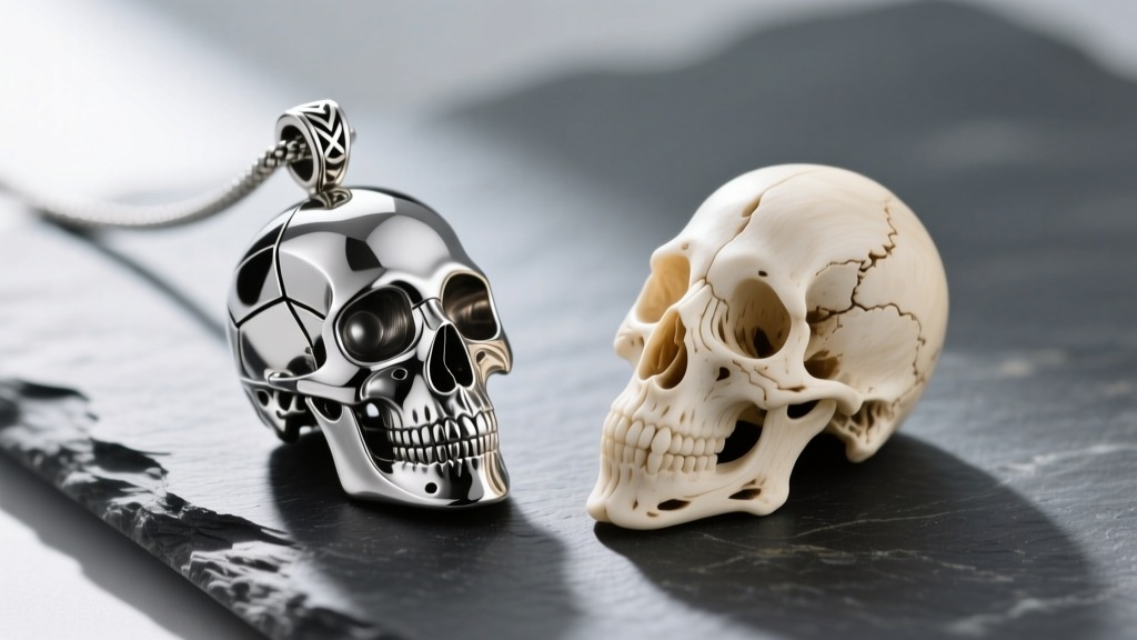 Macro photography comparing a 3D printed titanium skull pendant with a hand-carved ethically sourced bone skull pendant on slate