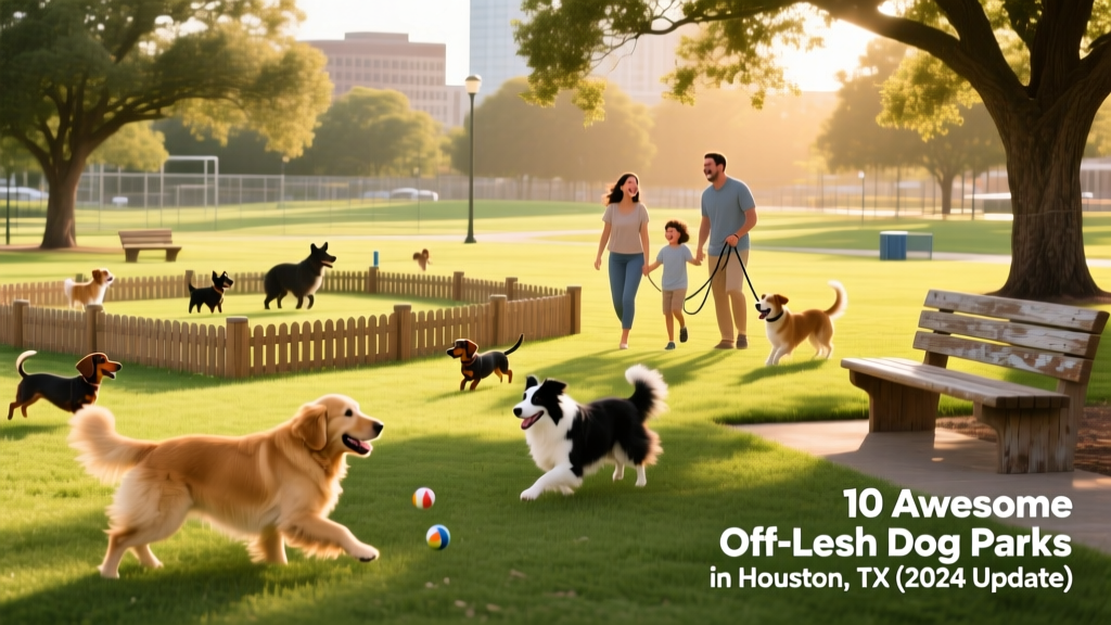 A sunny, open dog park with separate fenced zones for small and large dogs, shaded benches, and dogs playing on grassy terrain