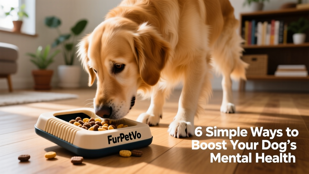 A dog intently sniffing and pawing at a FurPetVo puzzle toy filled with treats