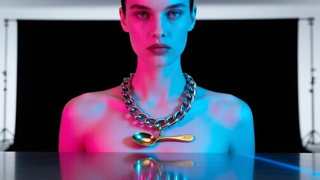 Model wearing an 18-inch steel curb chain with a small brass coke spoon pendant under neon lighting, sharp focus on the jewelry.