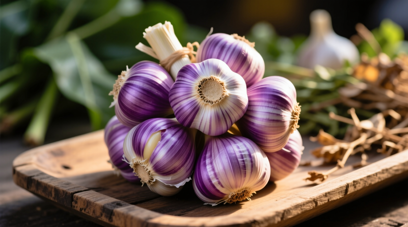 Fresh Thai garlic bulbs showing purple-striped skin and small cloves