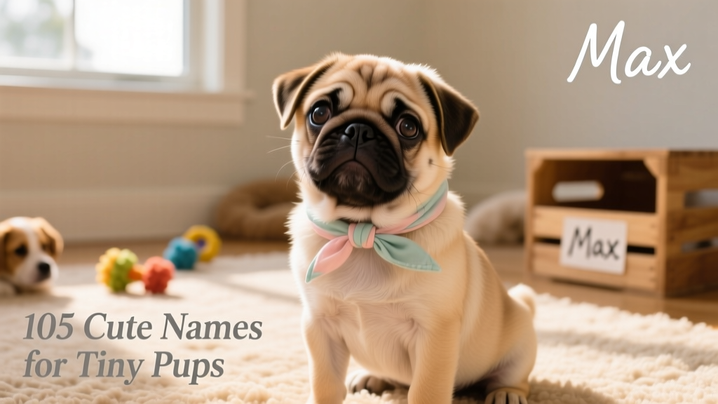 A fluffy Pug puppy wearing a tiny bandana, looking curiously at the camera