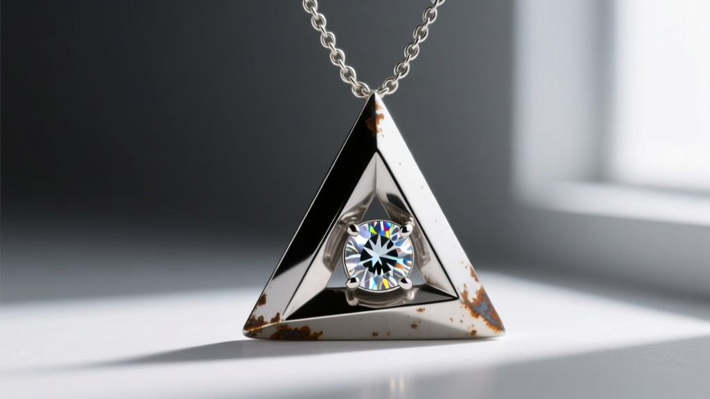 Macro shot of a brutalist silver triangle pendant with oxidized edges and a bezel-set lab diamond on a delicate 1.2mm box chain