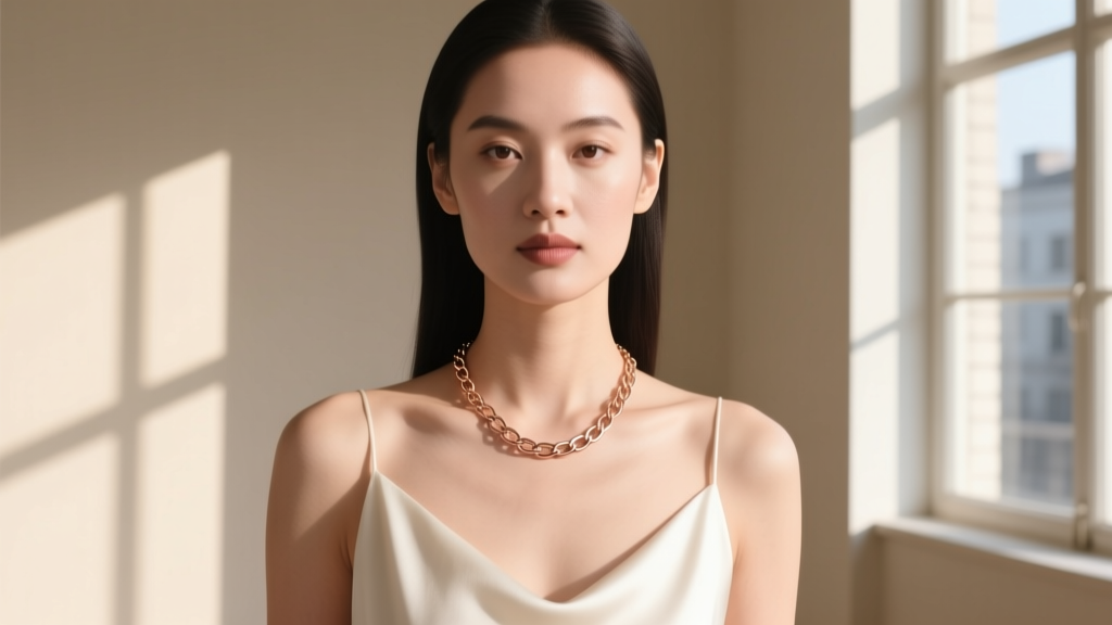 Woman wearing a delicate 3mm rose gold chaine d'ancre necklace layered with a pearl pendant in coastal sunset lighting