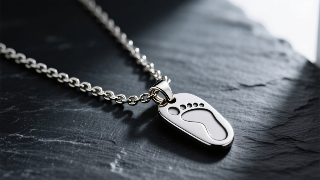 1.5mm steel rolo chain with a secure lobster clasp attached to a footprint pendant, photographed against a dark slate background