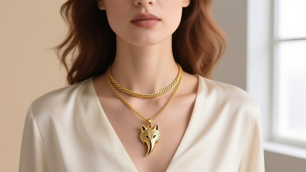 Dainty 14k gold wolf tooth charm on an 18-inch rope chain, layered with a simple herringbone necklace on a woman's collarbone