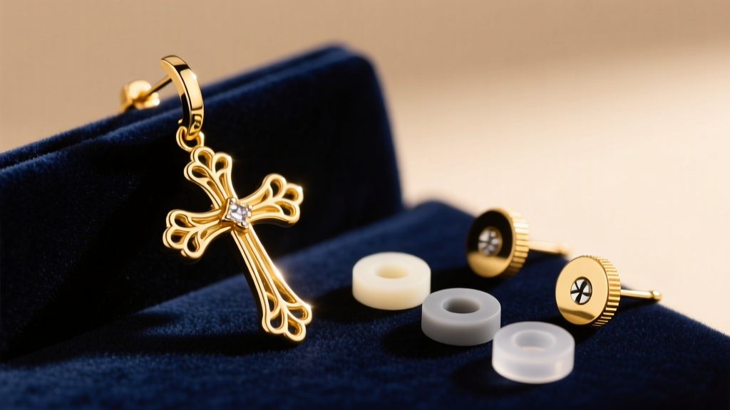 Close-up of a heavy 14k gold dangle cross earring resting on velvet next to silicone support discs and locking backs