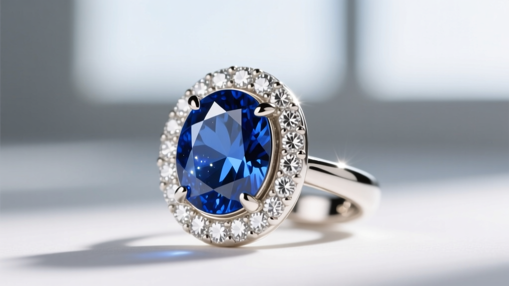 Macro shot of a 14k white gold earring with a vivid blue oval sapphire surrounded by a bright micro-pave diamond halo