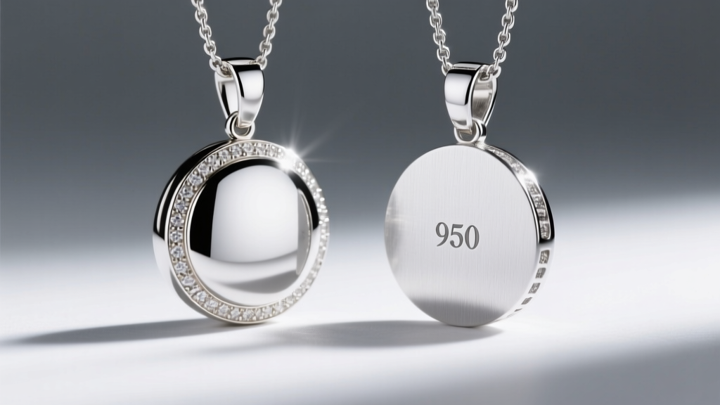 Macro view of a rhodium-plated white gold pendant next to a 950 platinum pendant under bright, directional studio lighting.