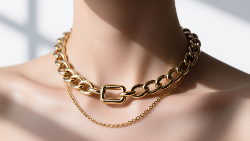 Close-up of a heavy necklace back with a magnetic barrel clasp and a secondary safety chain resting on a smooth bare collarbone.