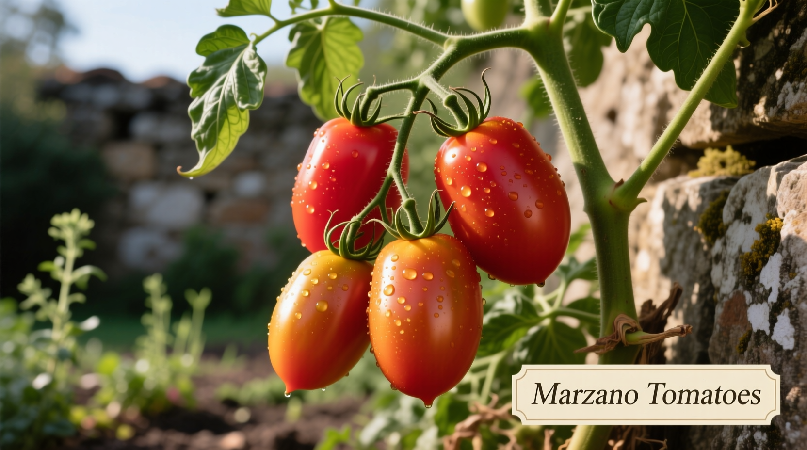 Fresh Marzano tomatoes on vine with characteristic elongated shape